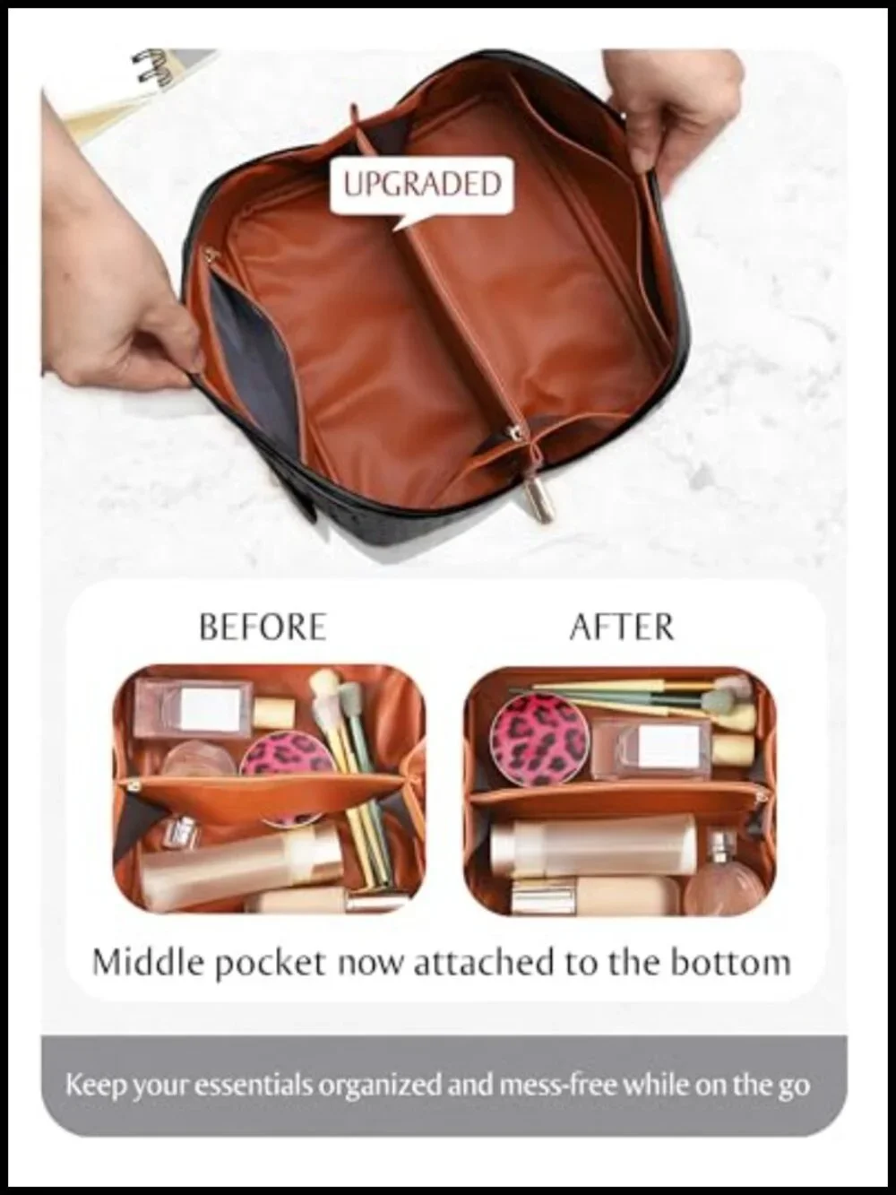 Large Capacity PU Leather Travel Cosmetic Bag with Dividers and Handle